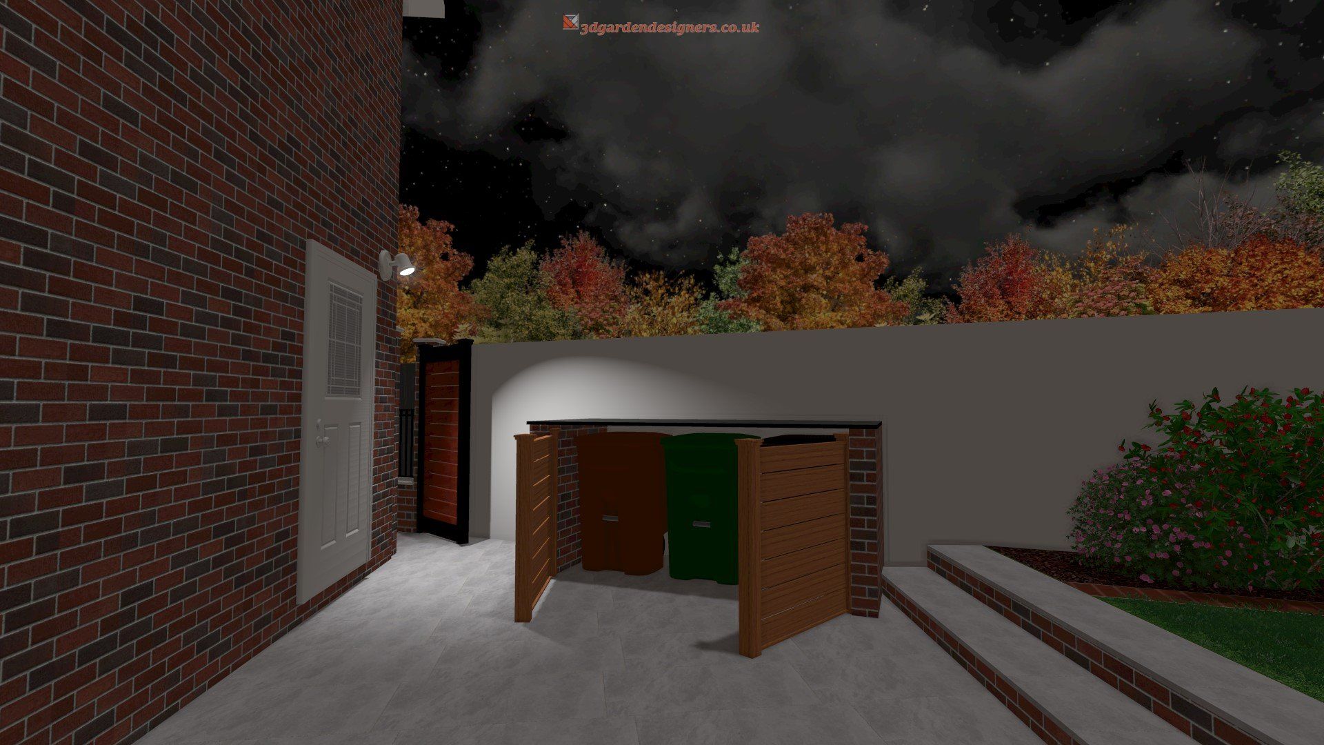 A computer generated image of a brick building at night