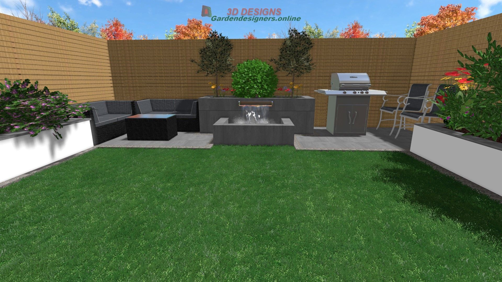 A computer generated image of a backyard with a grill and a fire pit.