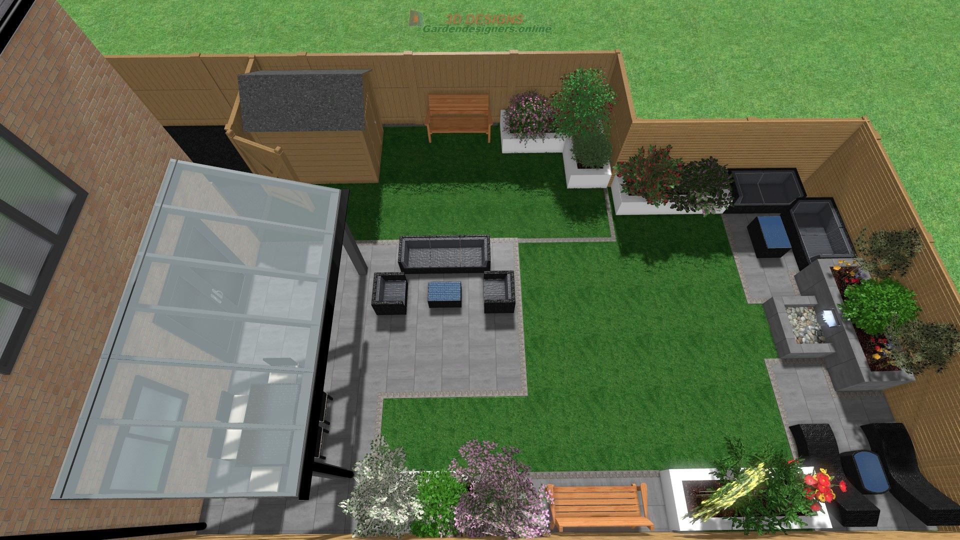 An aerial view of a backyard with furniture and a patio.