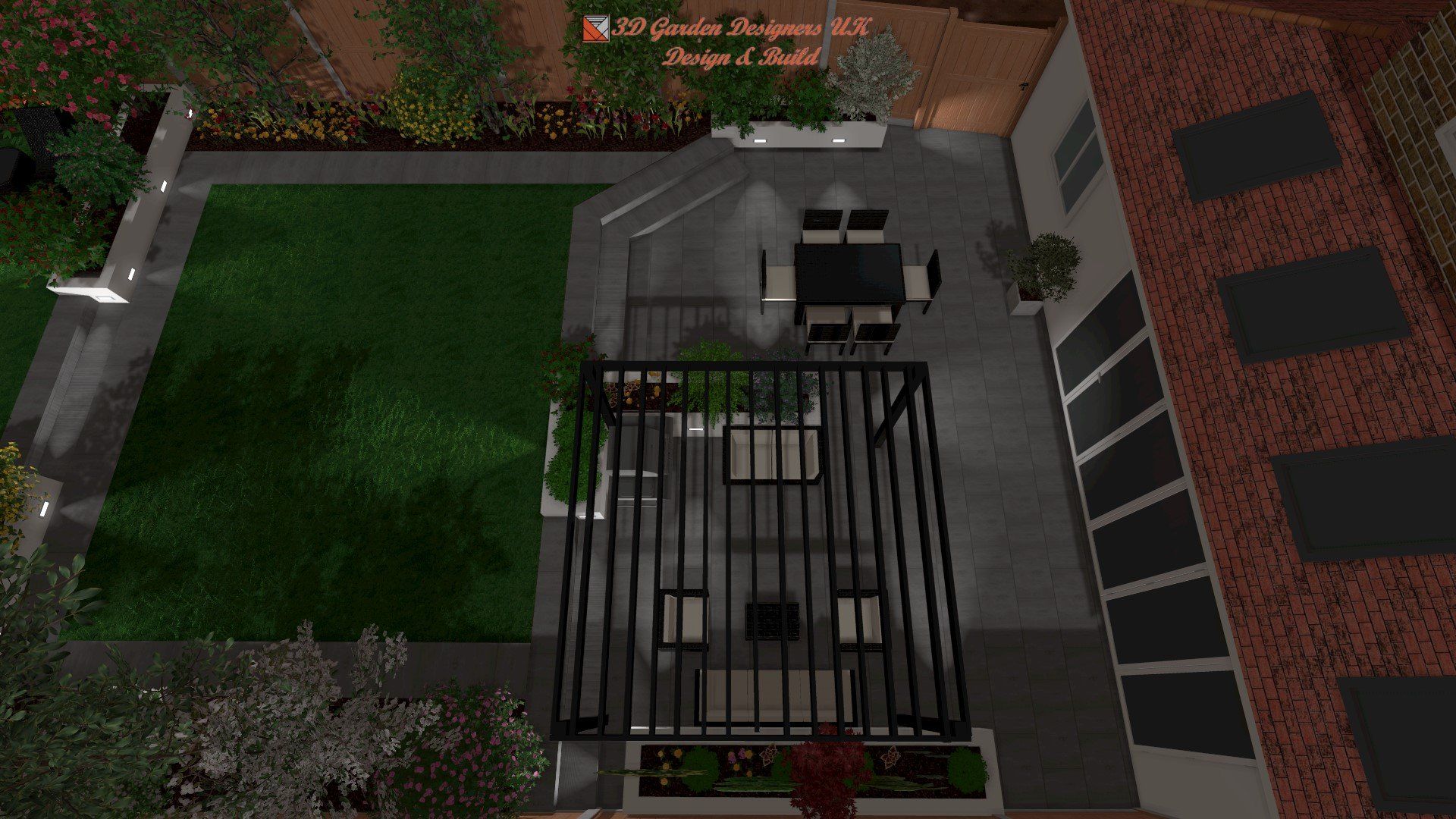 An aerial view of a patio with a table and chairs.