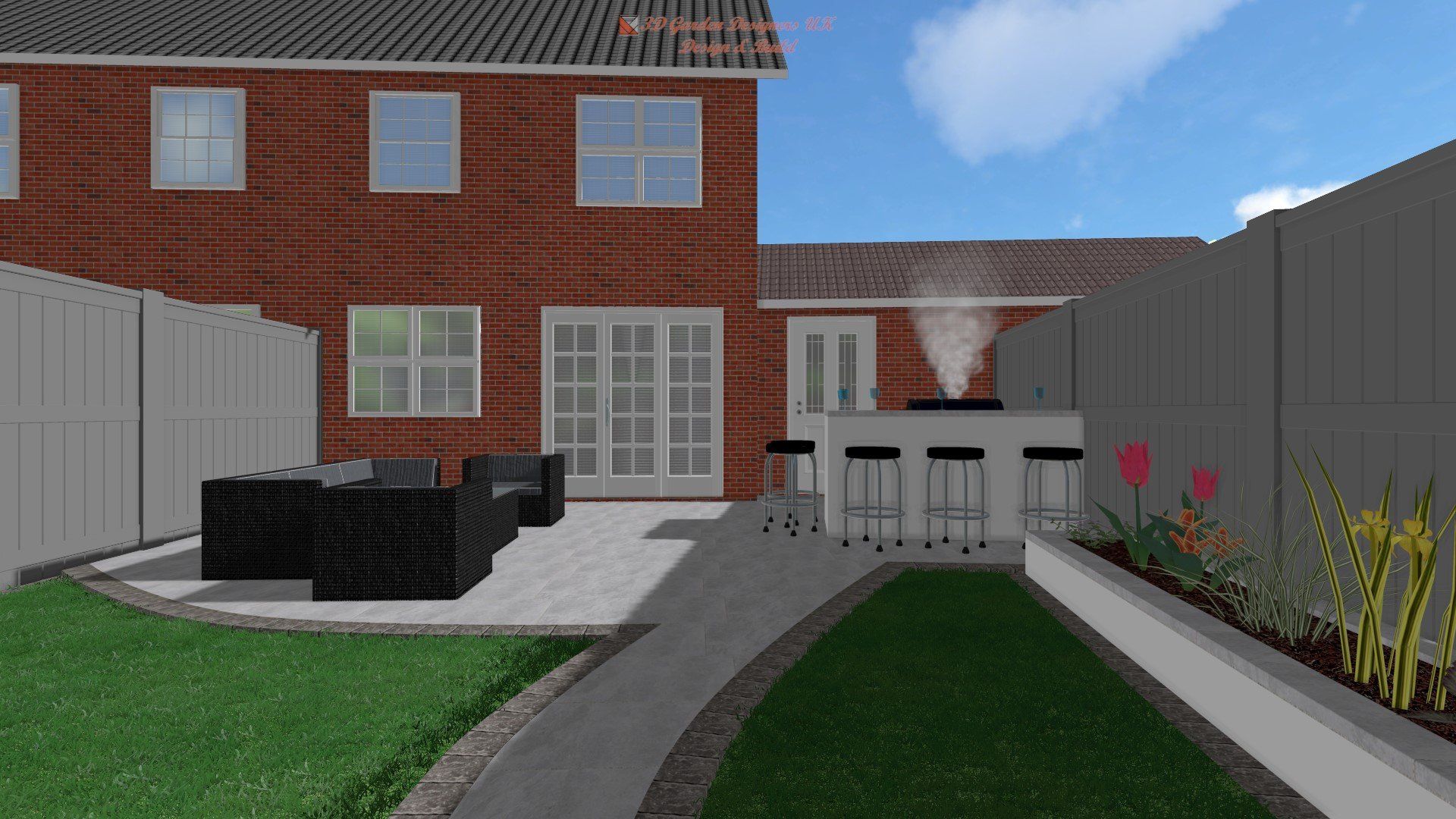 A computer generated image of a backyard with a brick house in the background.