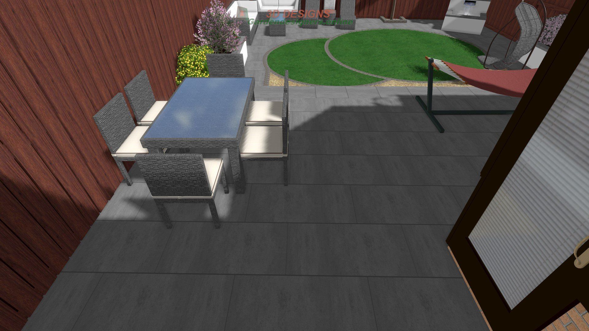 A computer generated image of a patio with a table and chairs.