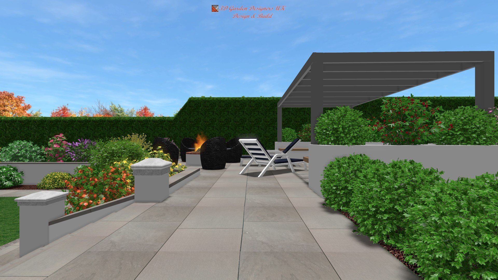 A computer generated image of a patio with chairs and a fire pit