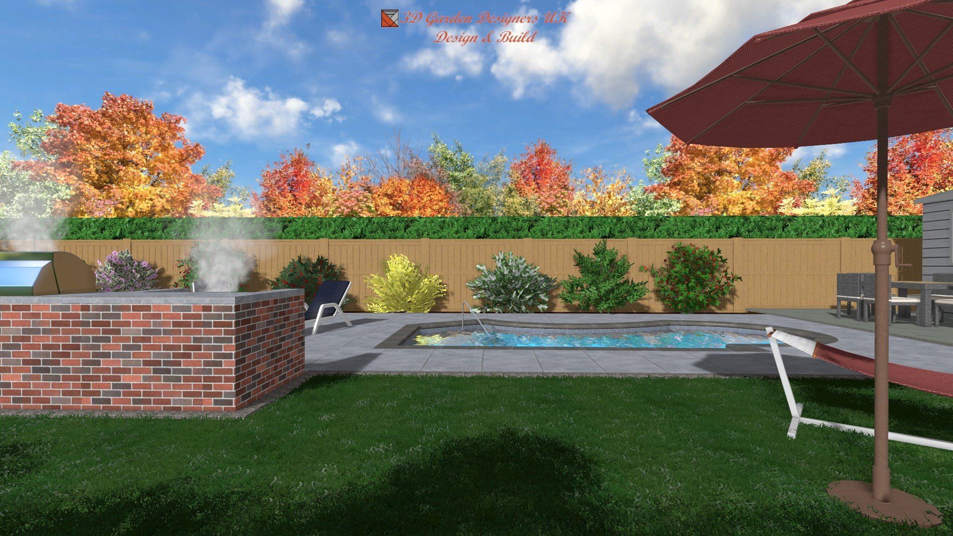 A computer generated image of a backyard with a pool and umbrella