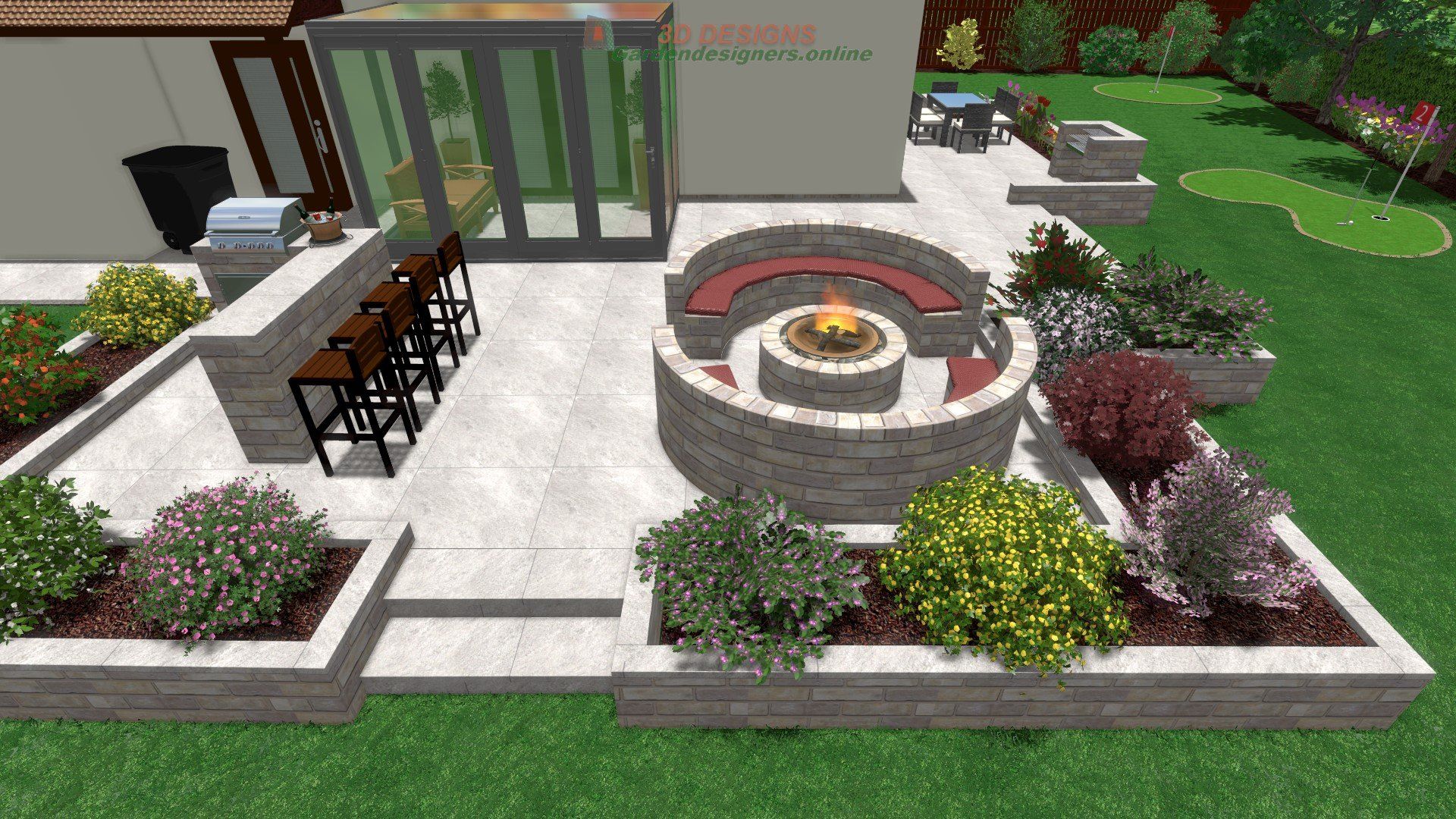 There is a fire pit in the middle of the patio.