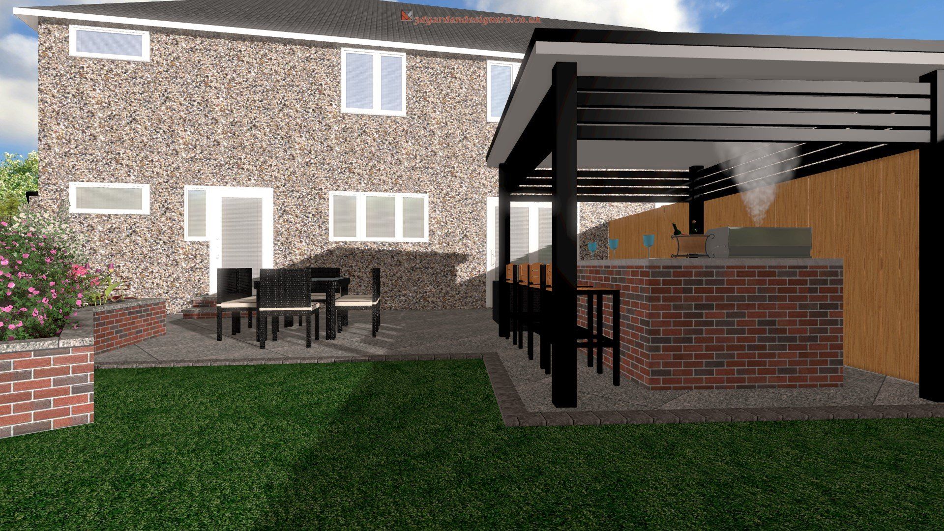 A computer generated image of a backyard with a pergola and a grill.