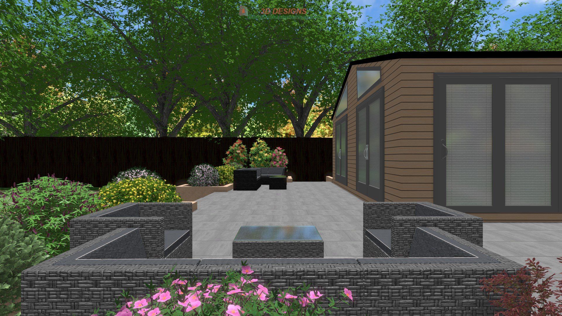 A computer generated image of a backyard with a house in the background.