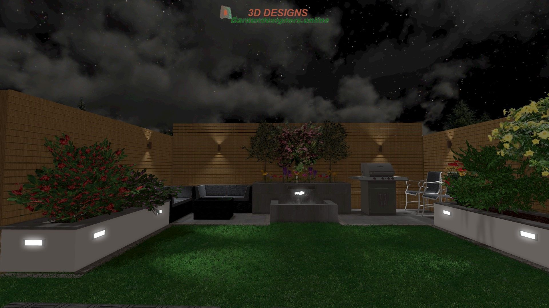 A 3d rendering of a backyard at night with a grill and a couch.
