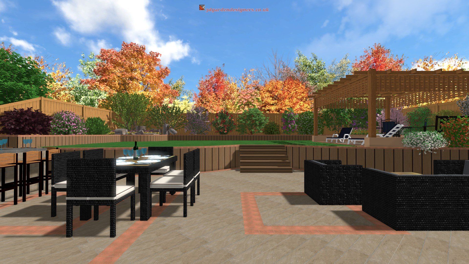 A computer generated image of a backyard with a table and chairs