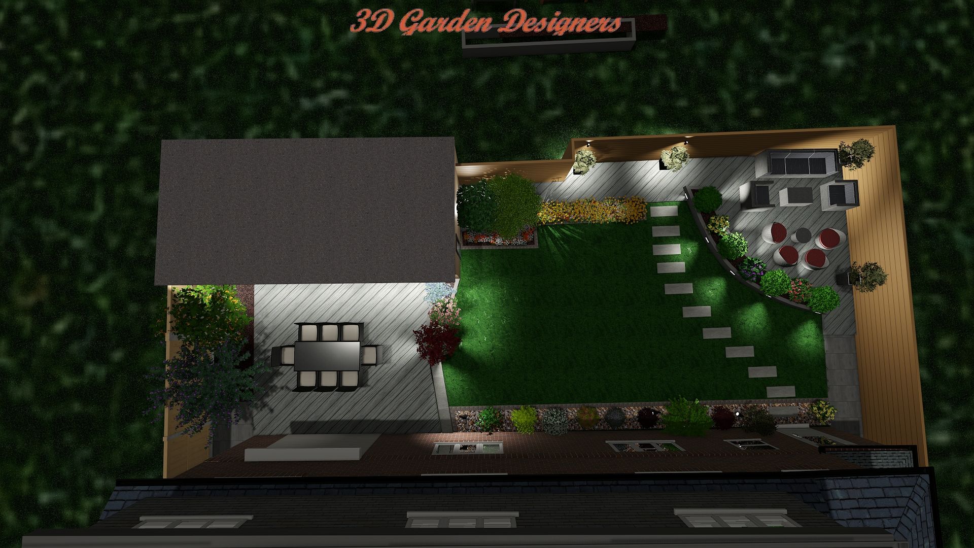 An aerial view of a garden with a house in the background