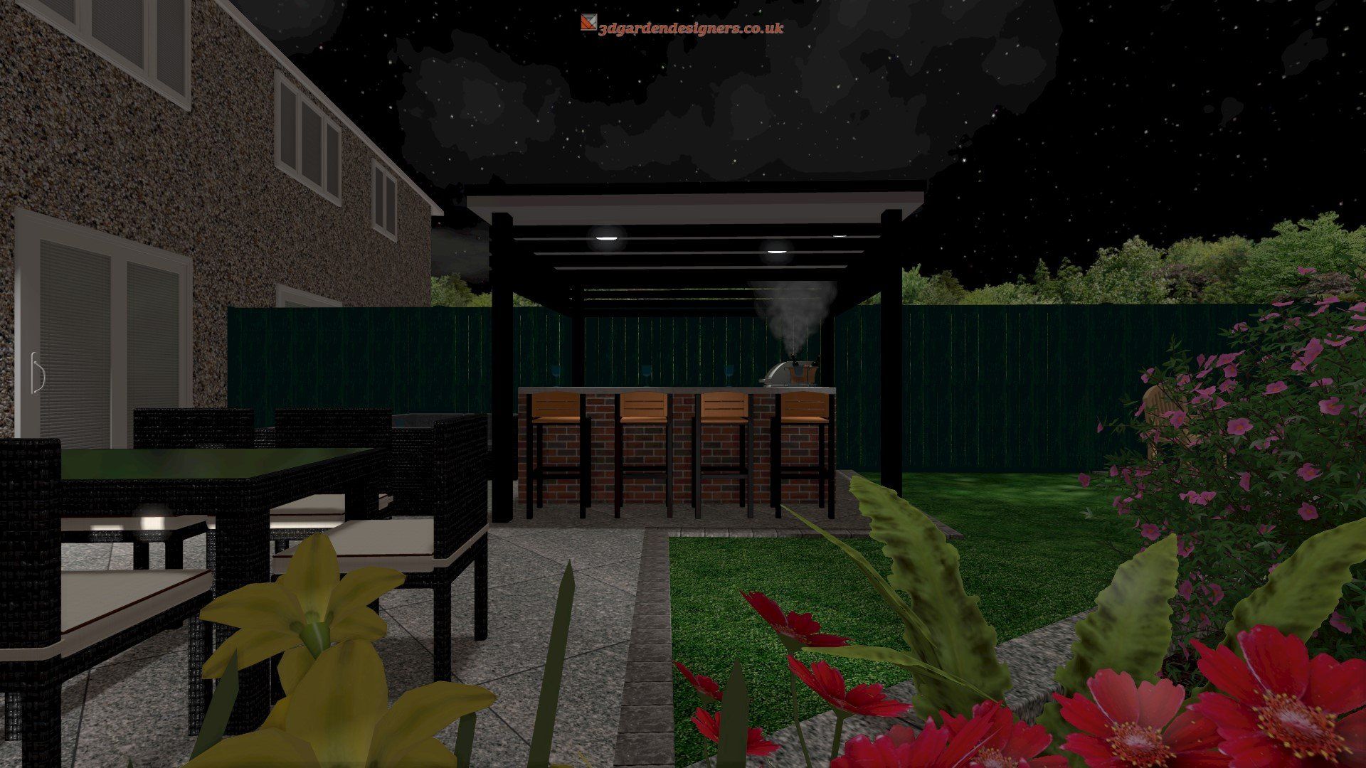 A computer generated image of a backyard at night with a table and chairs.