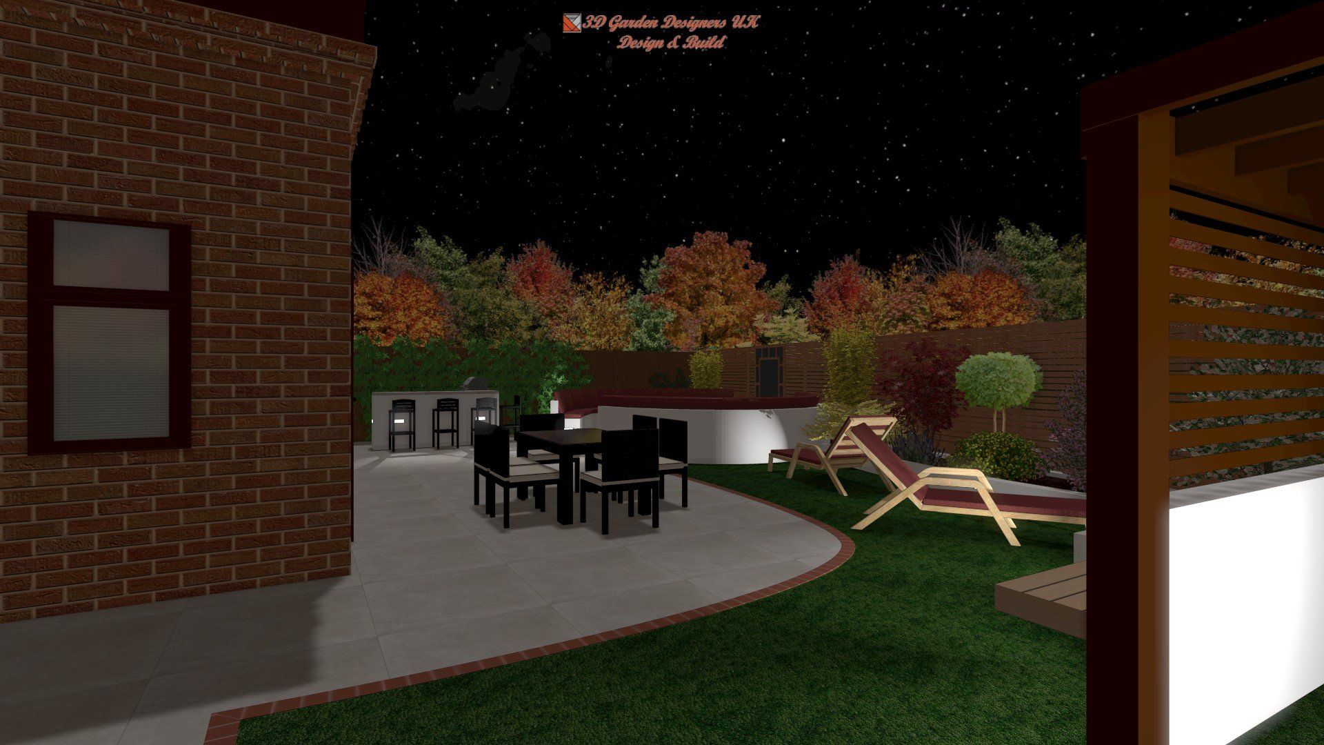 A computer generated image of a backyard at night