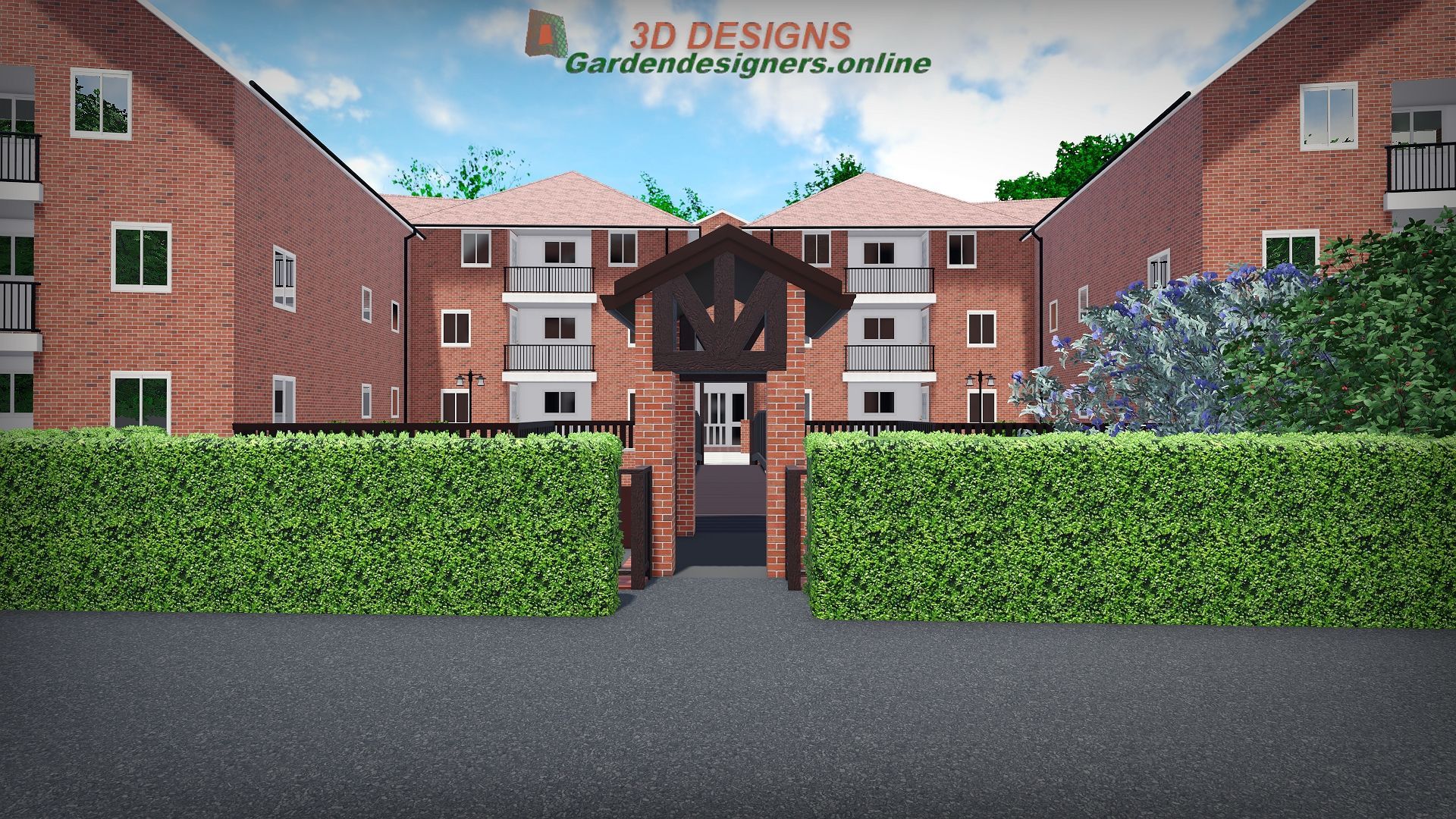 A 3d design of a brick apartment building