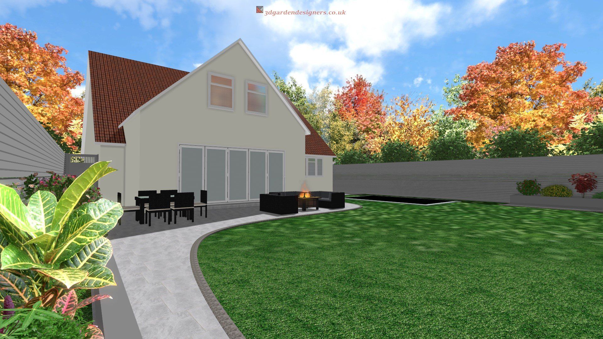 A computer generated image of a house with a fire pit in the backyard.