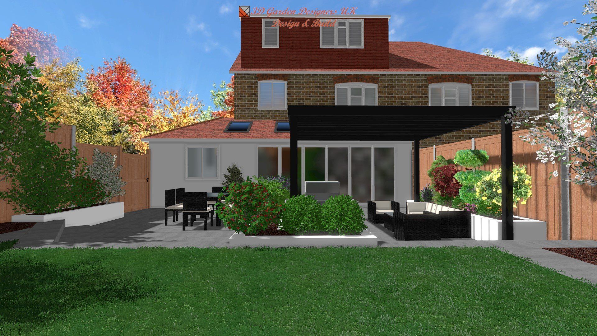 A computer generated image of a house with a pergola in the backyard.