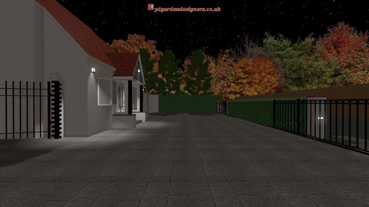 A computer generated image of a house at night