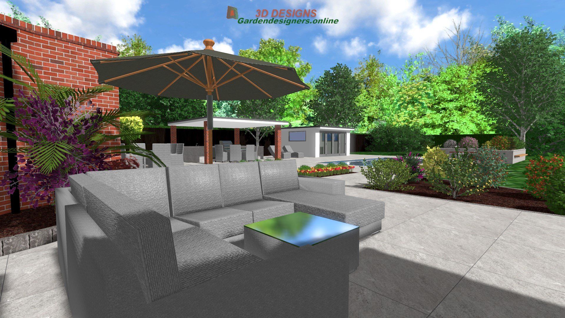 A computer generated image of a patio with a couch and umbrella.