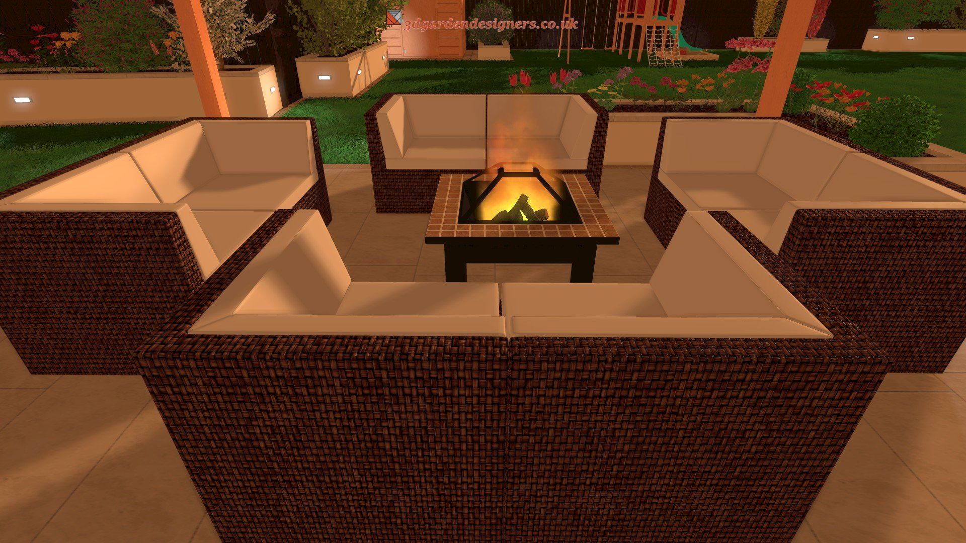 There is a fire pit in the middle of the living room.
