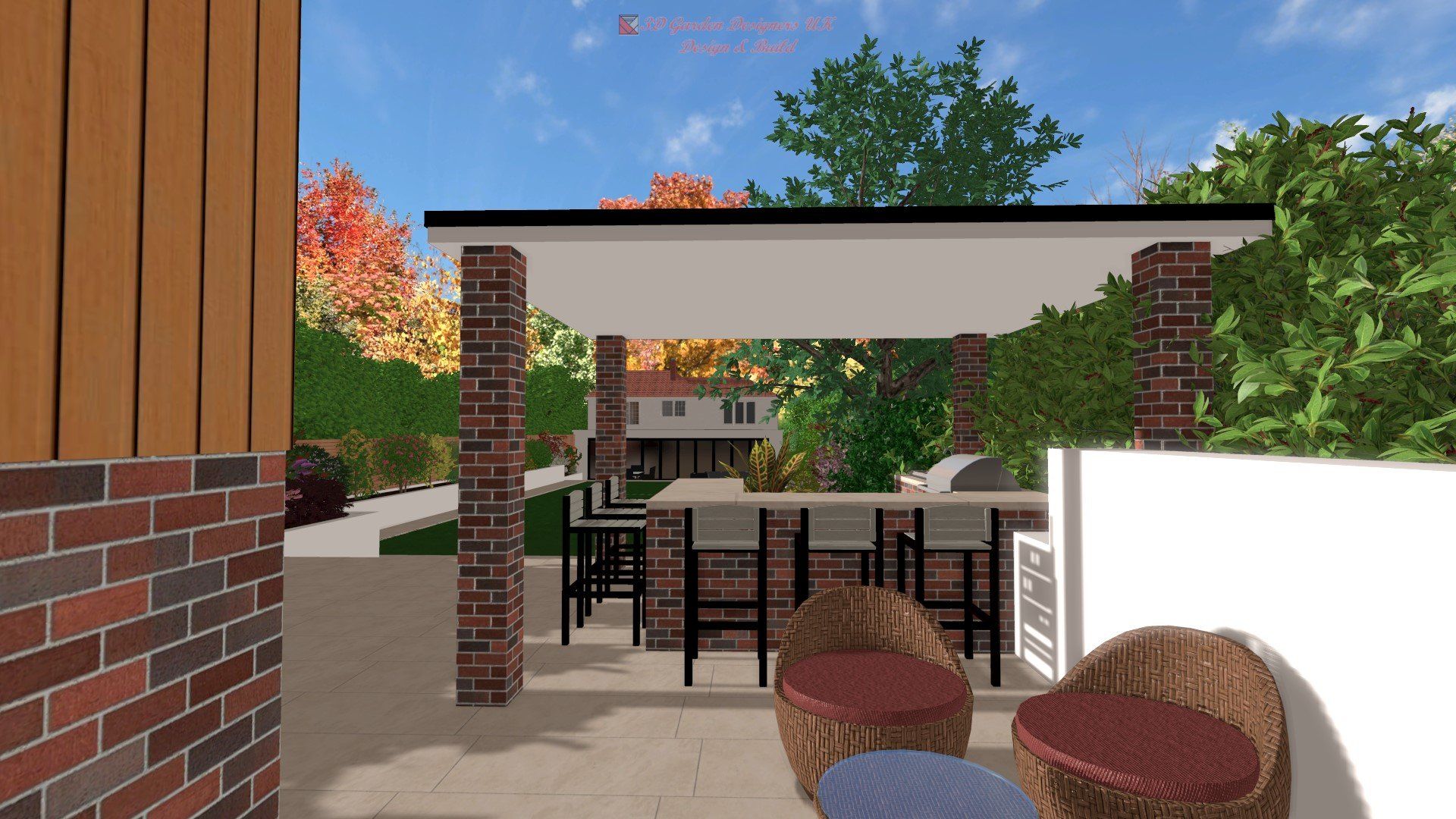 A computer generated image of a patio with wicker furniture