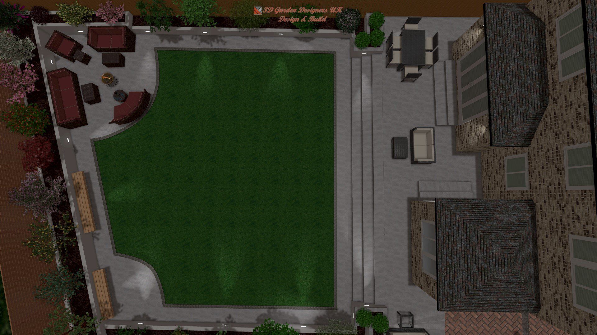 An aerial view of a lawn and patio with furniture
