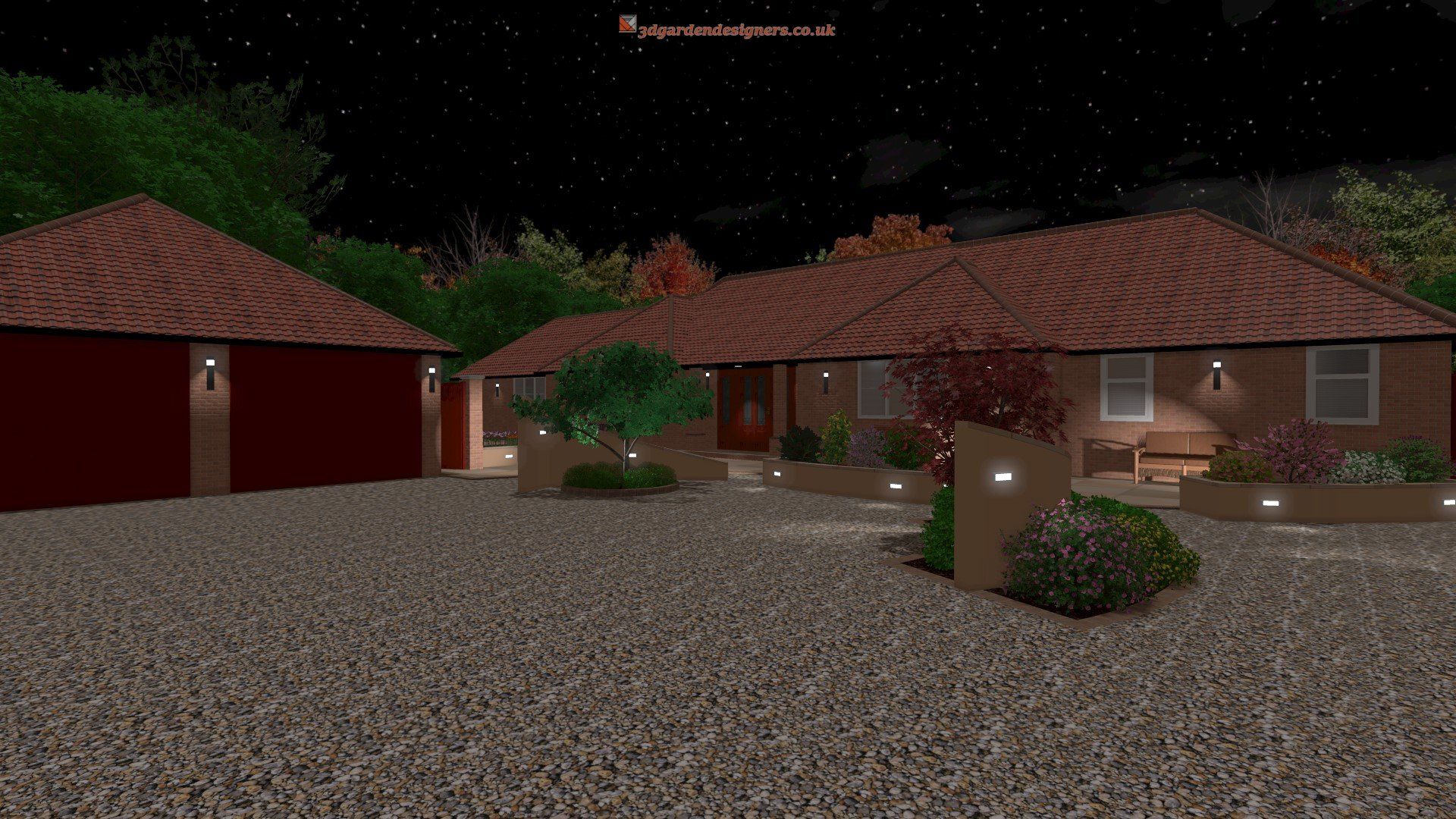 A computer generated image of a house at night