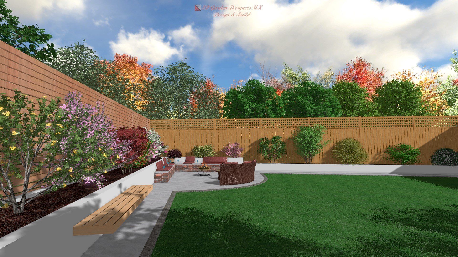 A computer generated image of a backyard with a wooden fence