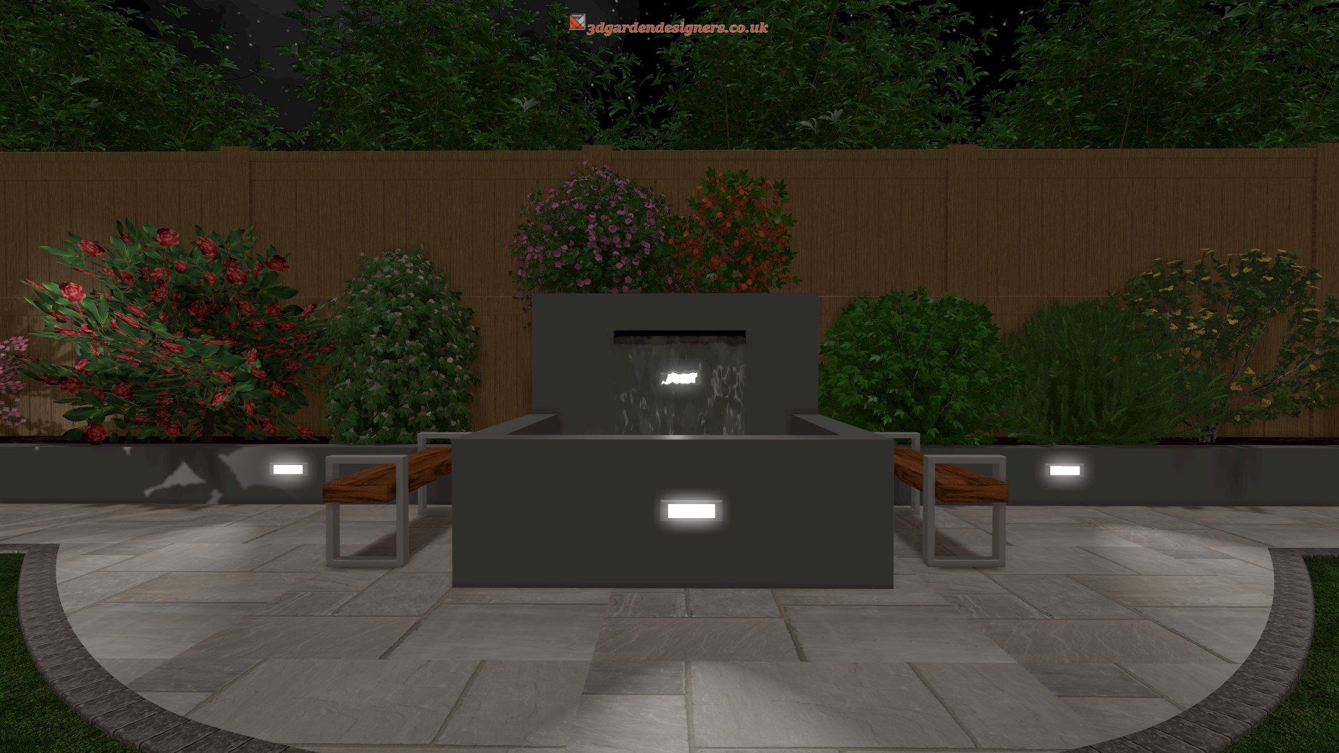 A 3d rendering of a patio with a fountain and benches at night.