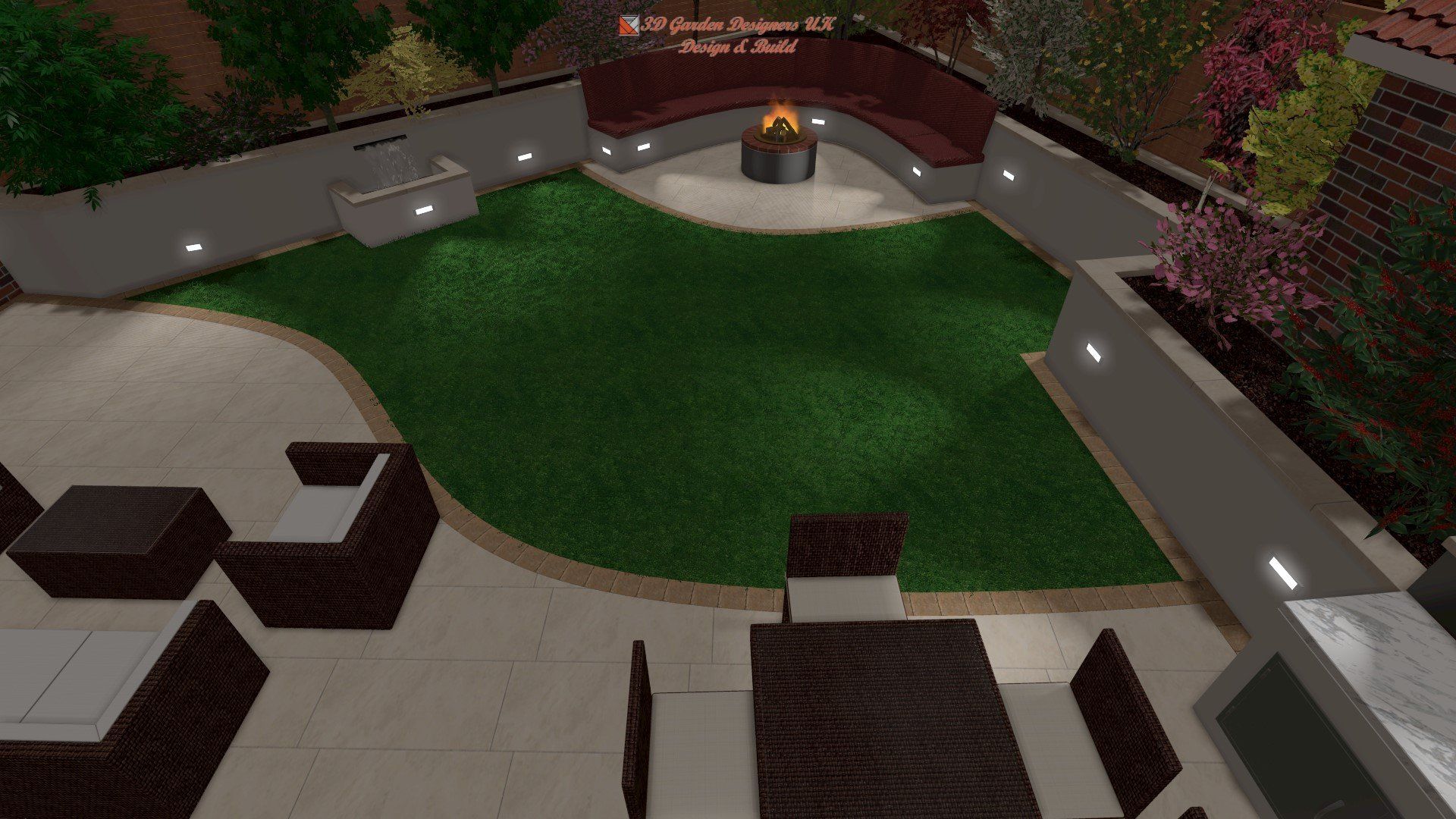 An aerial view of a patio with a table and chairs and a fire pit.