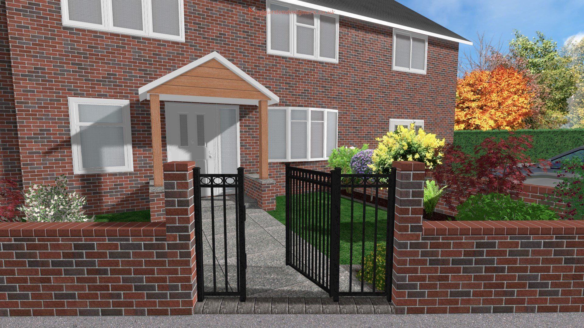 An artist 's impression of a brick house with a black gate in front of it.