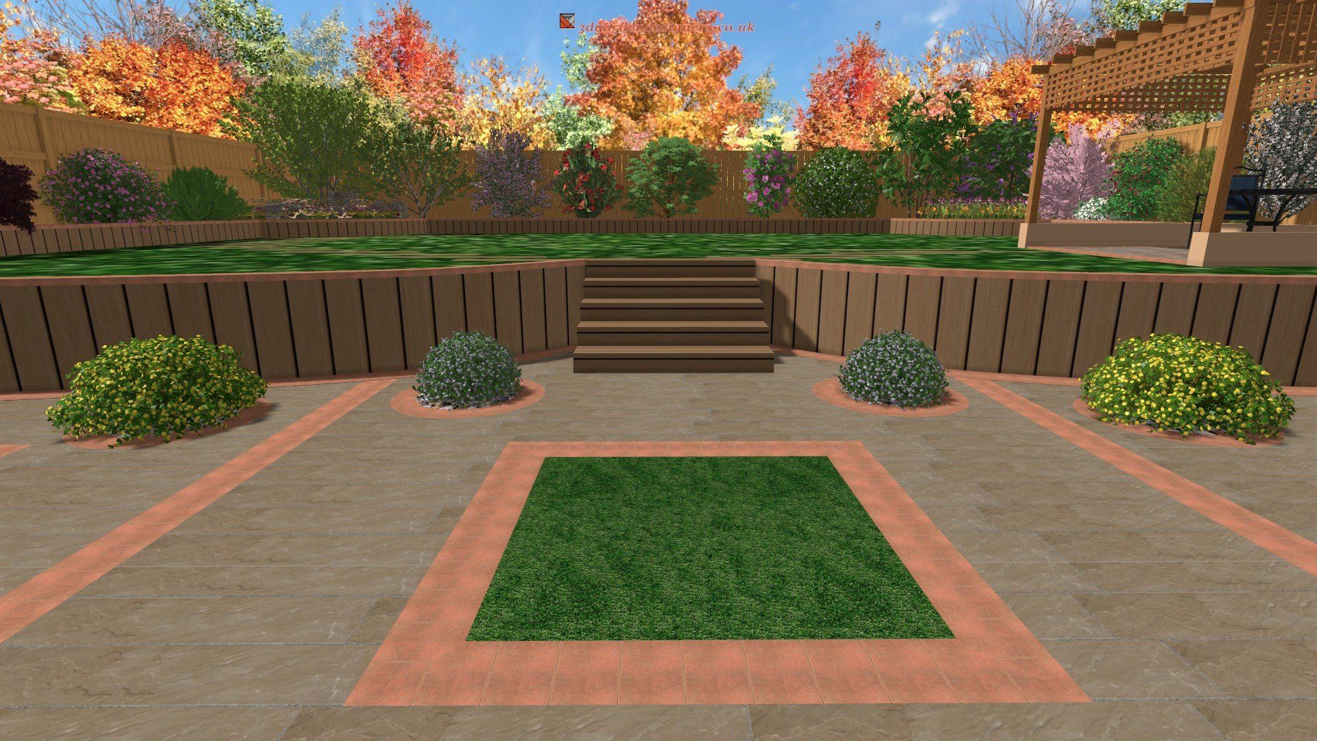 A computer generated image of a garden with a square in the middle