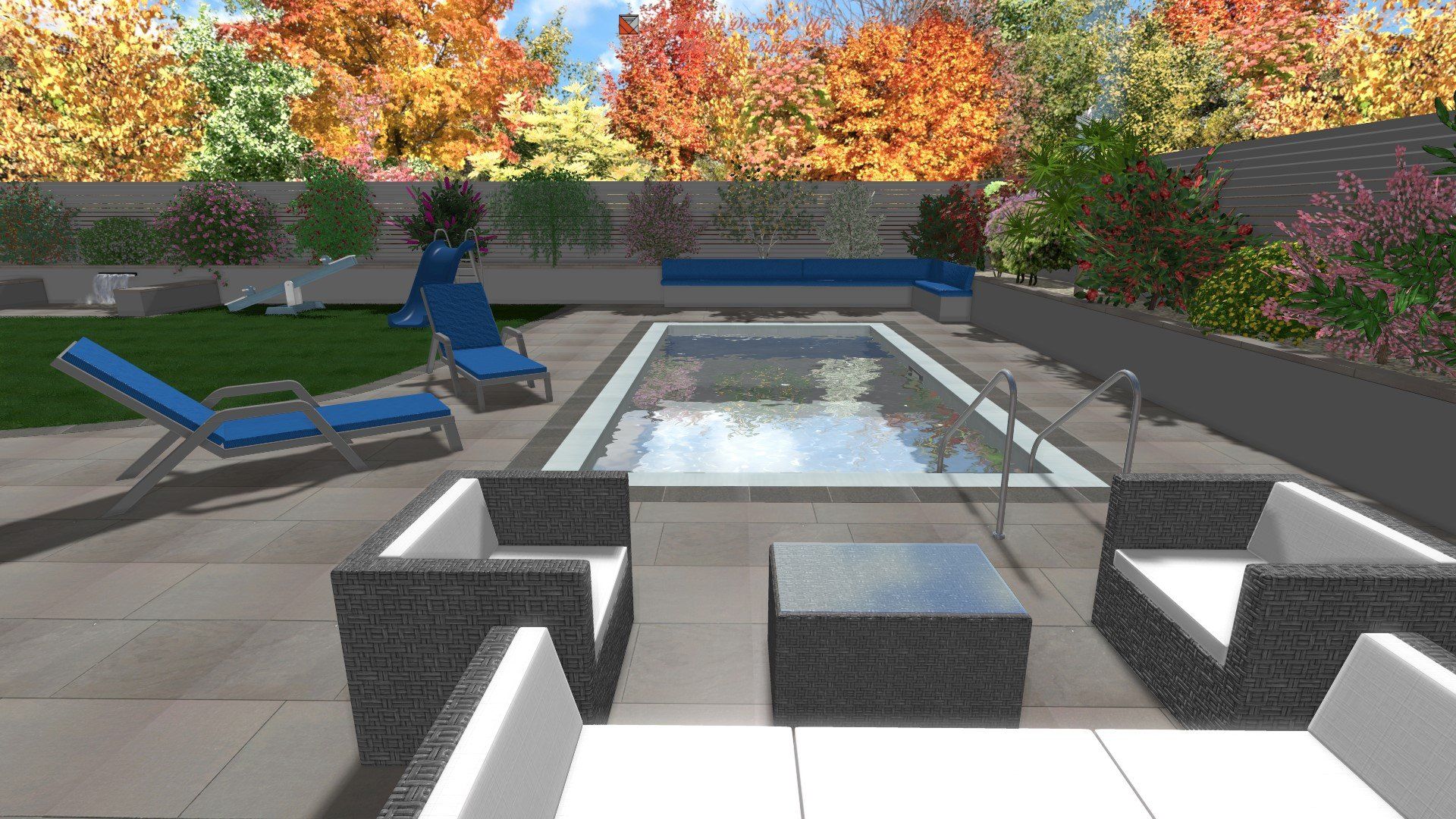 A computer generated image of a backyard with a swimming pool