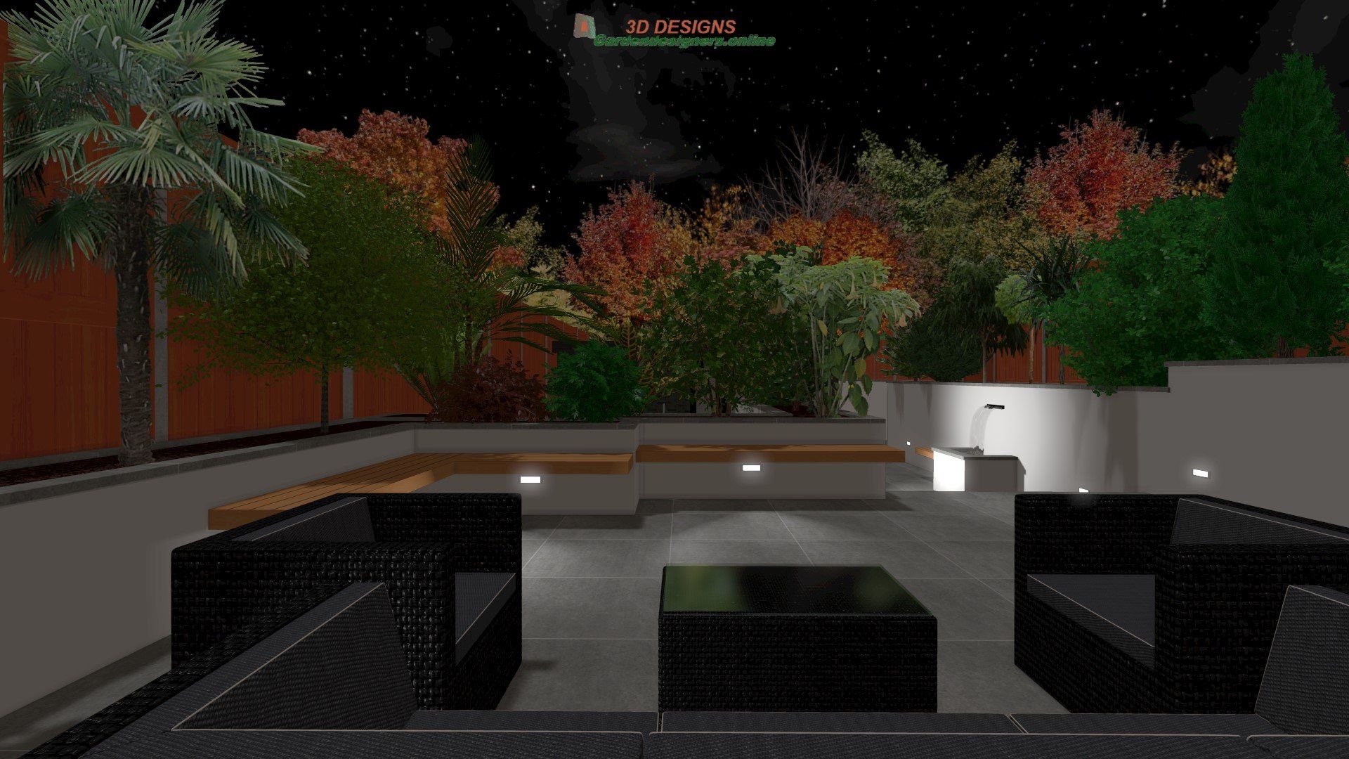 A computer generated image of a patio at night
