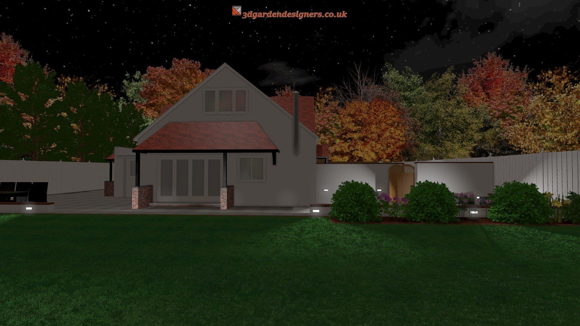 A house with a red roof is lit up at night