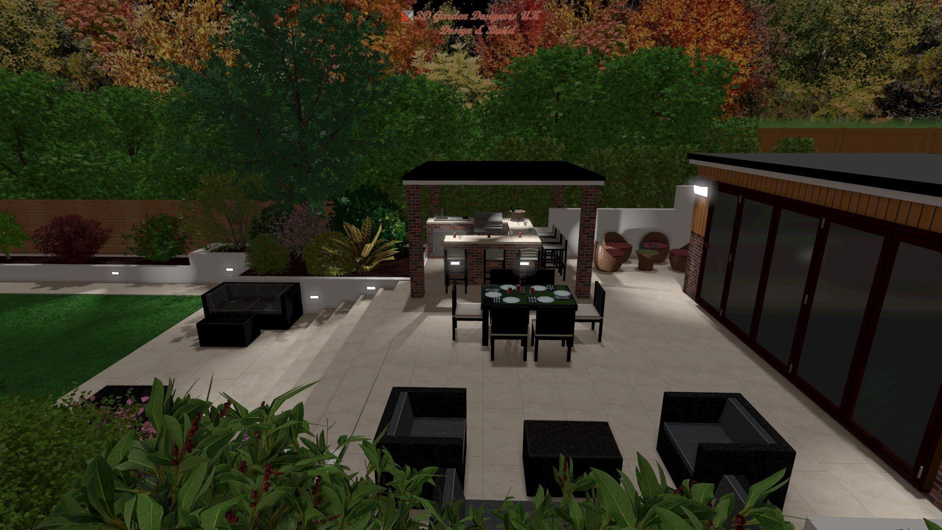 A computer generated image of a patio with a table and chairs.