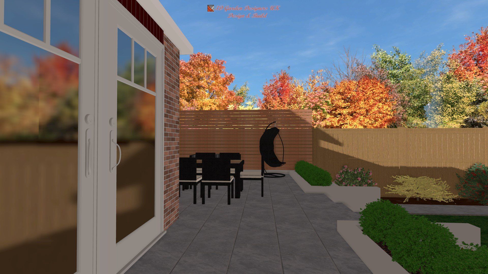 A computer generated image of a patio with a table and chairs.