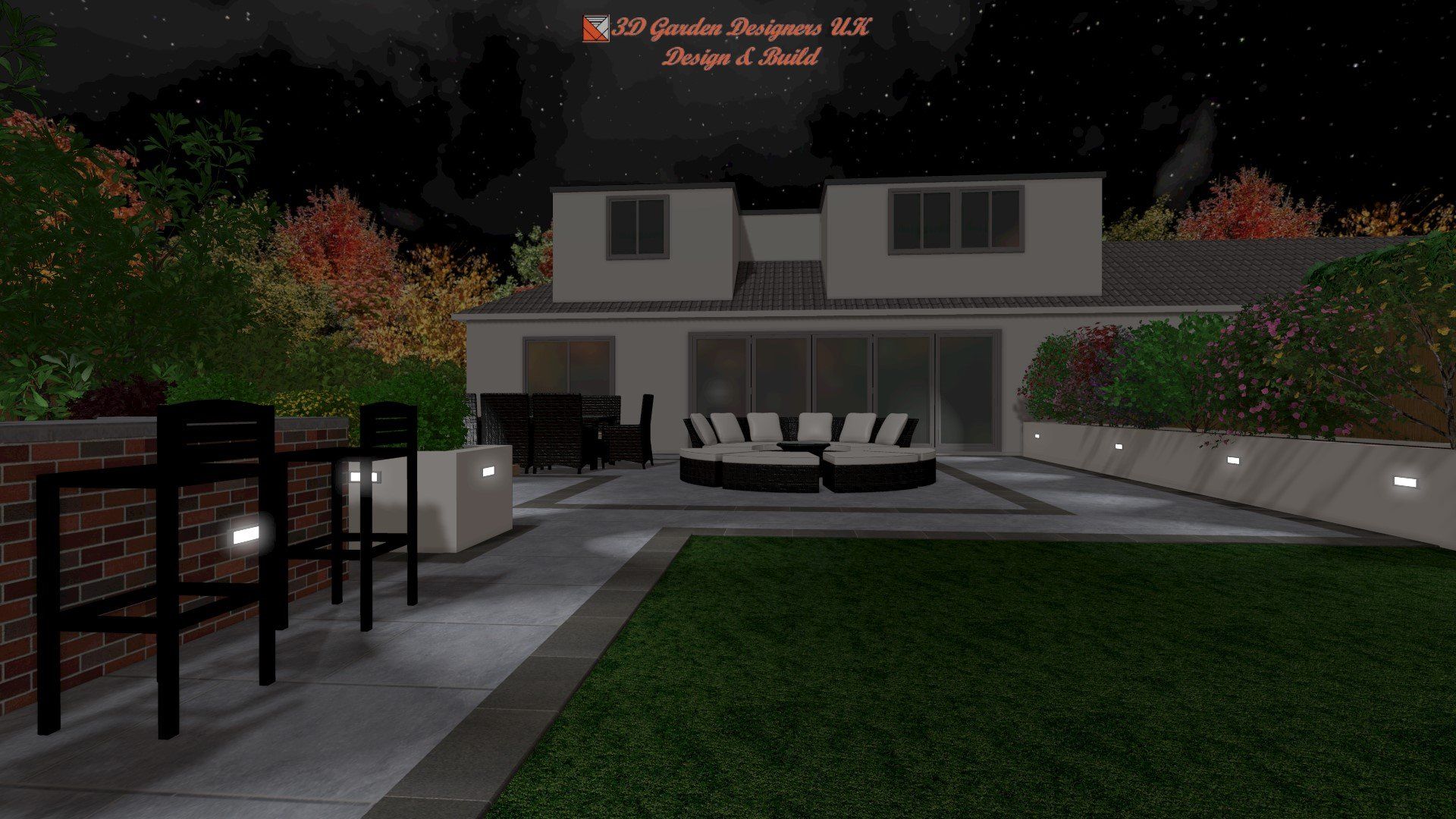 A computer generated image of a backyard at night with a house in the background.
