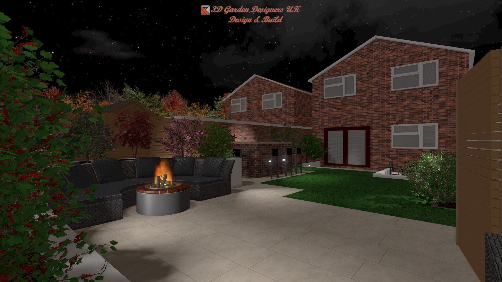 A computer generated image of a brick house with a fire pit in the backyard at night.