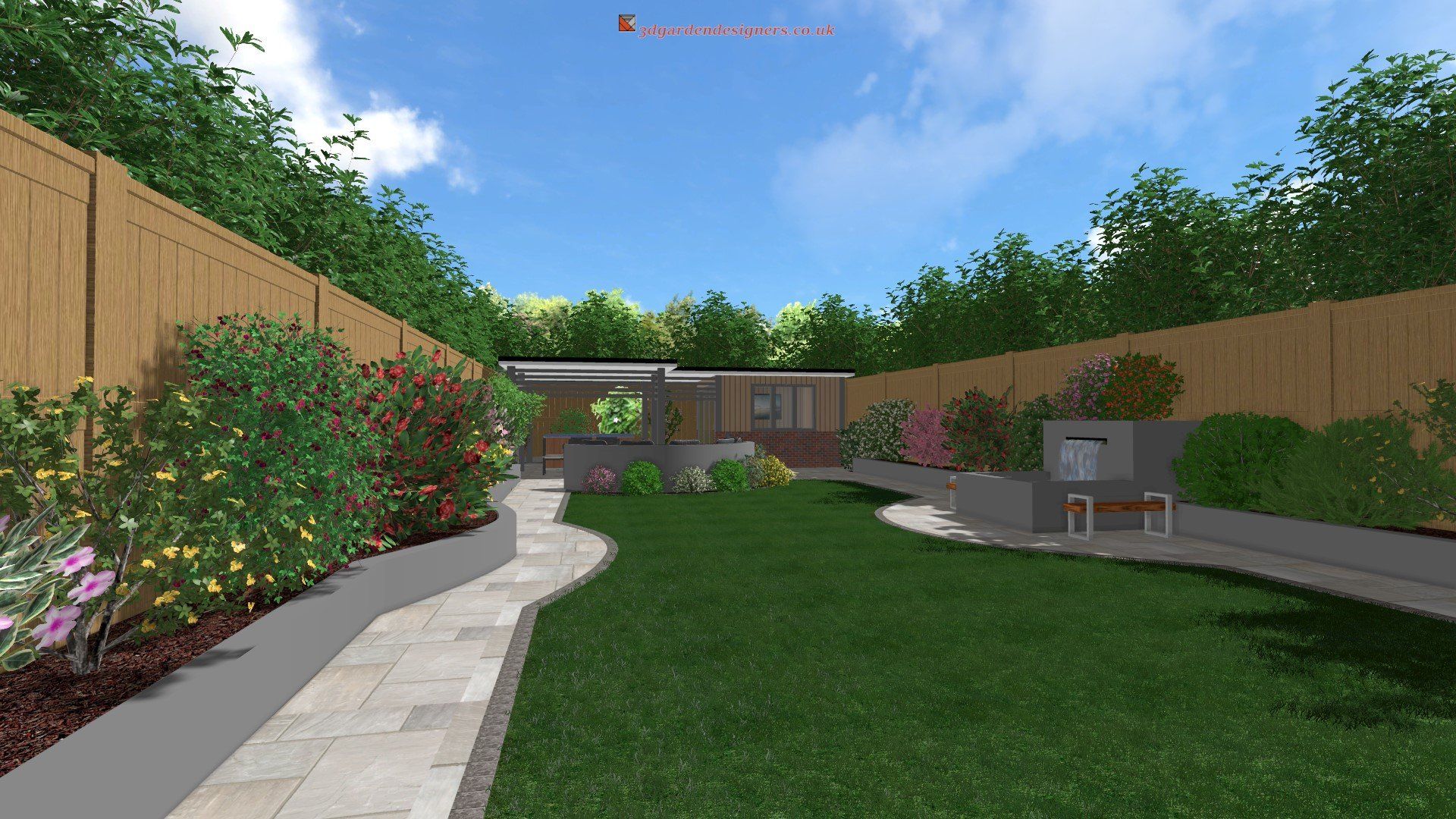 A computer generated image of a backyard with a house in the background