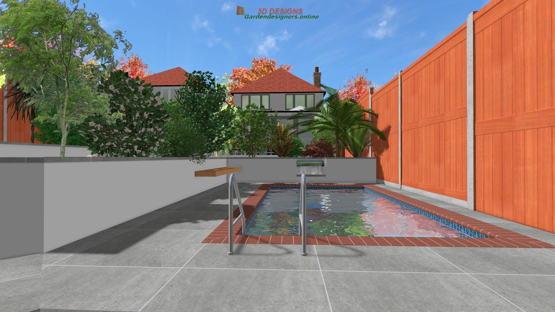 A computer generated image of a backyard with a swimming pool and a wooden fence.