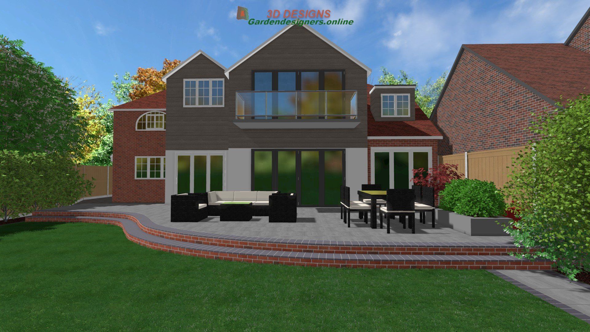 A computer generated image of a house with a patio in front of it.