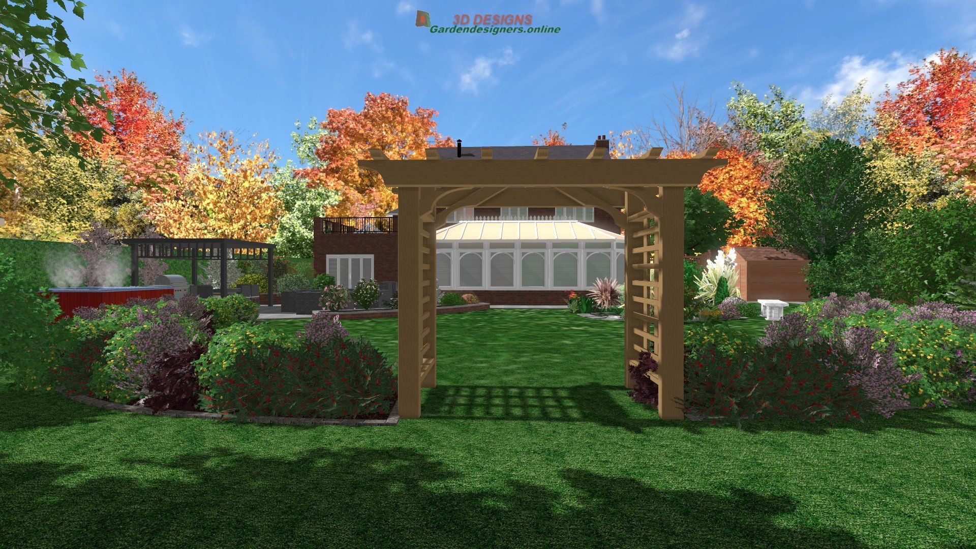 A computer generated image of a backyard with a pergola and a house in the background.