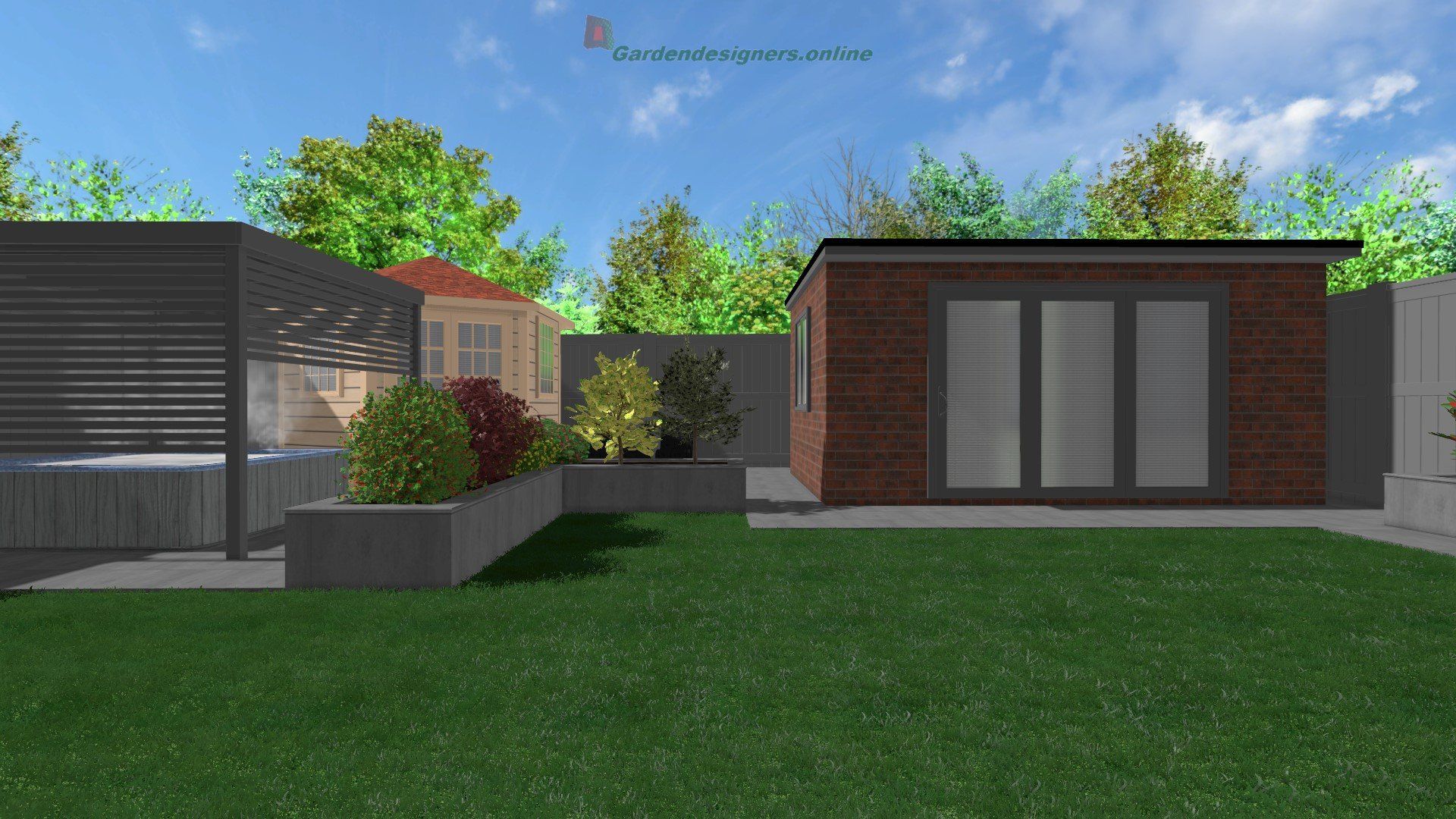 An artist 's impression of a backyard with a brick building and a hot tub