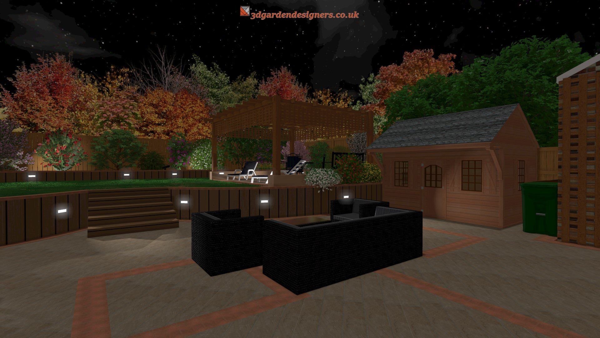 A computer generated image of a backyard with a patio area and a gazebo at night.