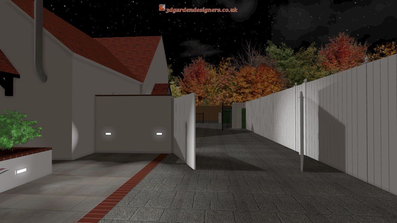 A computer generated image of a driveway at night