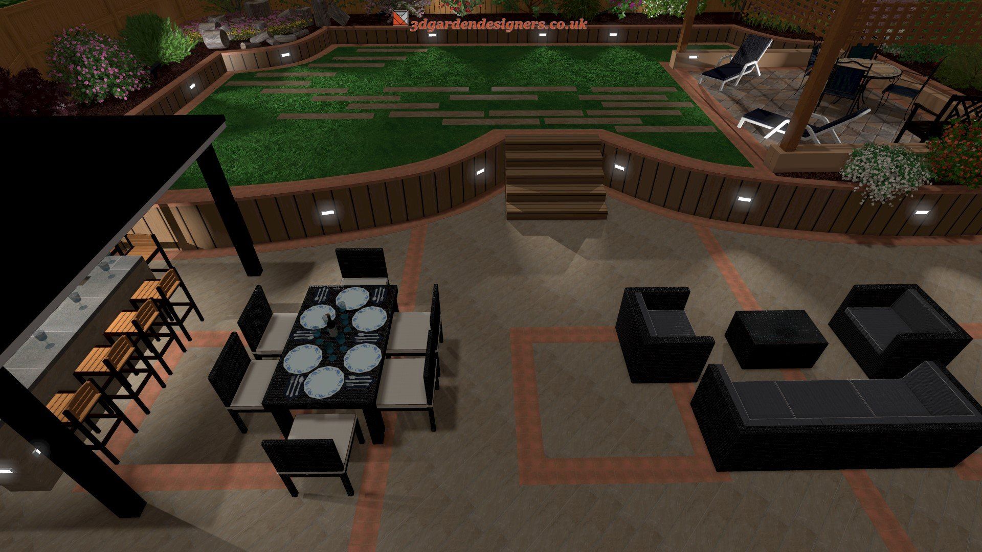 An aerial view of a patio with a dining table and chairs.