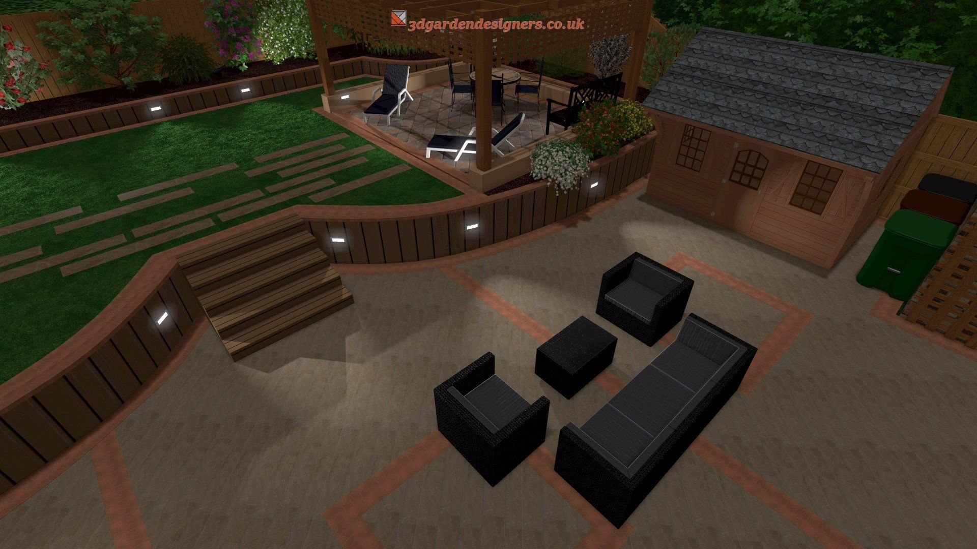 A computer generated image of a patio with a couch and chairs.