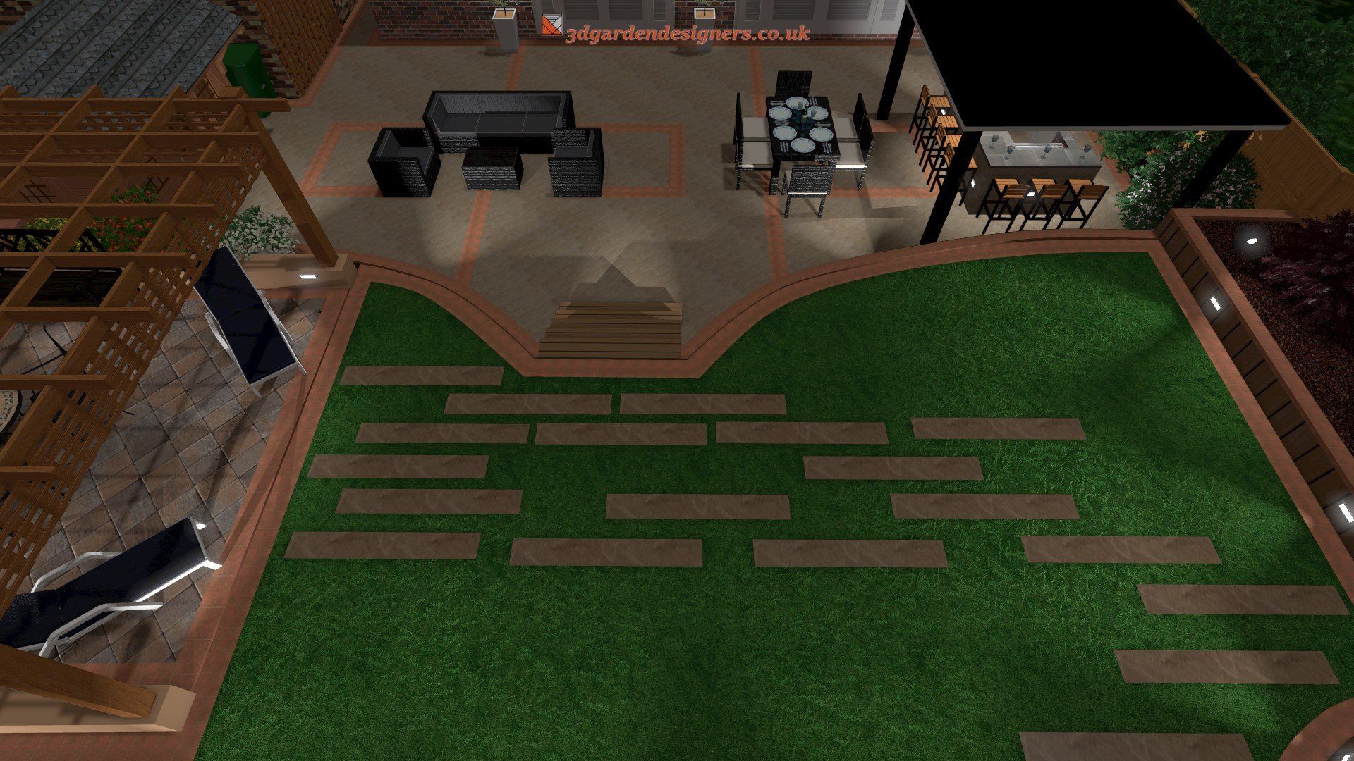 An aerial view of a backyard with a lush green lawn and a patio.