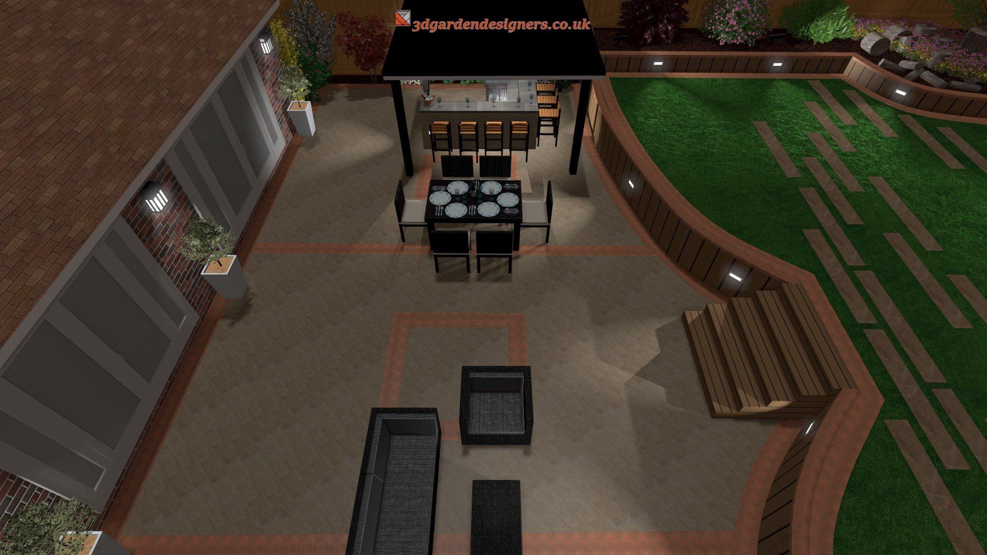 An aerial view of a patio with a table and chairs