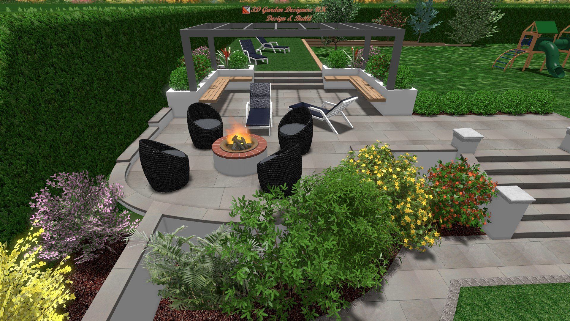 A computer generated image of a backyard with a fire pit and chairs.