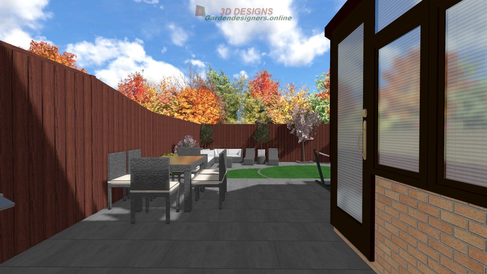 A computer generated image of a patio with a table and chairs.